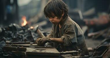 un menor de edad niño es trabajando en duro condición mundo día en contra niño labor ai generativo foto