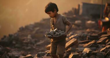 un menor de edad niño es trabajando en duro condición mundo día en contra niño labor ai generativo foto