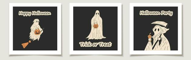 Set of Halloween cards with Set of three funny ghosts in different poses for Halloween.  Greeting cards with Magic items. vector