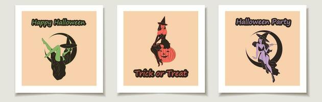 Set of Halloween cards with Set of three  Witch. Cute ladies. Pin-up, retro style. Halloween costume concept.  Greeting cards with Magic items. vector