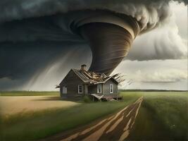 el escena de un gigante tornado se rompe un de madera casa en el medio de el campo foto