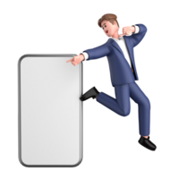 3d homme d'affaire exécutif pose portant costume permanent avec Vide écran mobile téléphone isolé sur transparent arrière-plan, 3d le rendu png