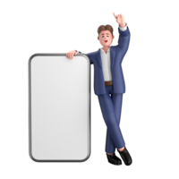 3d businessman executive pose wearing suit standing with blank screen mobile phone isolated on transparent background, 3d rendering png