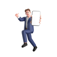 3d businessman executive pose wearing suit standing with blank screen mobile phone isolated on transparent background, 3d rendering png