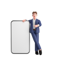 3d businessman executive pose wearing suit standing with blank screen mobile phone isolated on transparent background, 3d rendering png