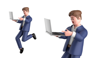 3d empresario ejecutivo actitud vistiendo traje en pie participación un ordenador portátil señalando publicidad aislado en blanco fondo, 3d representación png