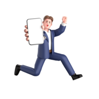 3d homem de negocios executivo pose vestindo terno em pé com em branco tela Móvel telefone isolado em transparente fundo, 3d Renderização png