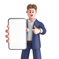 3d businessman executive pose wearing suit standing with blank screen mobile phone isolated on transparent background, 3d rendering png