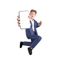 3d businessman executive pose wearing suit standing with blank screen mobile phone isolated on transparent background, 3d rendering png