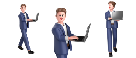 3d businessman executive  pose wearing suit standing holding a laptop pointing advertising isolated on white background, 3d rendering png