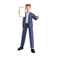 3d businessman executive pose wearing suit standing with blank screen mobile phone isolated on transparent background, 3d rendering png