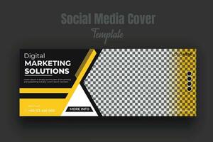 Digital marketing agency solutions timeline cover page for business promotion, banner template and web banner template design for social media post with geometric black and yellow color shapes vector