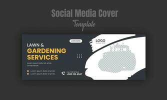 Lawn and gardening service social media cover or post and web banner design template with geometric black color background vector