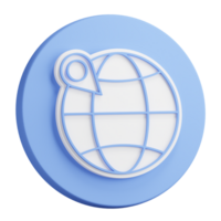 3D button rendering of globe with checkpoint mark. Navigation on map using GPS system. Realistic blue white PNG illustration isolated on transparent background