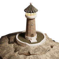 3D rendering of realistic lighthouse on rock with burning searchlight. Navigation difficult area. Realistic PNG illustration isolated on transparent background
