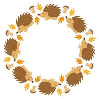 Vector round frame with cute hedgehogs, mushrooms and autumn leaves in cartoon style. Forest animals and plants. Autumn in the forest. Space for text.