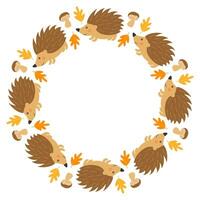 Vector round frame with cute hedgehogs, mushrooms and autumn leaves in cartoon style. Forest animals and plants. Autumn in the forest. Space for text.