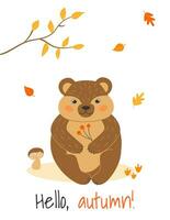 Vector illustration with cute bear, mushroom and leaf fall in cartoon style. Forest animals and plants. Hello, autumn. A4 poster.