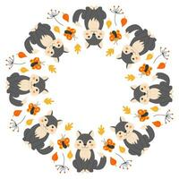 Vector round frame with cute wolves, butterflies, twigs and leaves in cartoon style. Forest animals and plants. Autumn in the forest. Space for text.