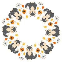 Vector round frame with cute wolves, butterflies, twigs and leaves in cartoon style. Forest animals and plants. Autumn in the forest. Space for text.