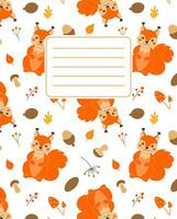 Design of covers for notebooks, planners with the image of a funny squirrel, autumn leaves, cones, acorns, mushrooms and twigs. Vector illustration in cartoon style.