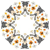 Vector round frame with cute bunnies, butterflies, twigs and leaves in cartoon style. Forest animals and plants. Autumn in the forest. Space for text.