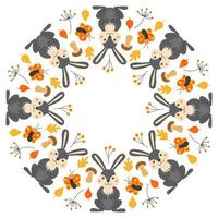 Vector round frame with cute bunnies, butterflies, twigs and leaves in cartoon style. Forest animals and plants. Autumn in the forest. Space for text.