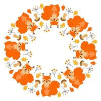 Vector round frame with cute squirrels, mushrooms, twigs and leaves in cartoon style. Forest animals and plants. Autumn in the forest. Space for text.