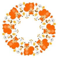 Vector round frame with cute squirrels, mushrooms, twigs and leaves in cartoon style. Forest animals and plants. Autumn in the forest. Space for text.