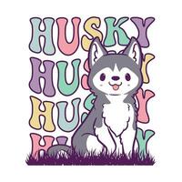 Retro groovy Siberian Husky dog design vector