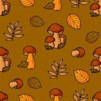 Seamless autumn pattern. Forest mushrooms on green background with colorful autumn leaves. Vector illustration .