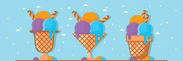 Ice cream flat icon. Ice-cream cone vector illustration isolated on blue.