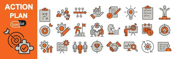 Action plan colored icon set. Containing planning, schedule, strategy, analysis, tasks, goal, collaboration and objective icons. vector illustration.