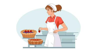 Woman decorates baked homemade fruit pies with strawberries. Girl confectioner cook for cooking delicious healthy dessert. Vector isolated. Birthday cake, Confectionery, bakery, food blogging, Pastry shop, online cooking, Hobby.