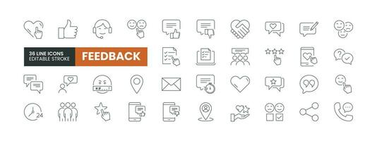 Set of 36 Feedback Line icons set. Feedback outline icons with editable stroke collection. Includes ratings, testimonials, quick response, support and More. vector