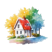 Watercolor English country house with 4 seasons AI Generative png