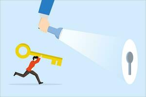 key concept of success in business. directing towards success, entrepreneurs get guidance to install locks as problem solutions. Flat vector illustration on a white background.