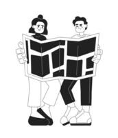 Two travelers looking on map monochromatic flat vector character. Editable full body unhappy people do not understand map on white. Simple bw cartoon spot image for web graphic design