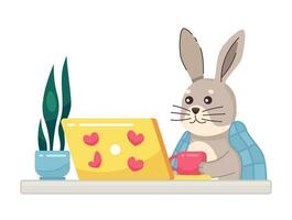 Blanket covered rabbit looking at laptop cute chill lo fi wallpaper. Movie night. Bunny at home 2D vector cartoon character illustration, lofi anime background. 90s kawaii aesthetic, dreamy vibes