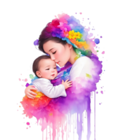 coloré mère étreindre bébé avec fleurs et aquarelles éclaboussures, mère journée concept. ai génératif png