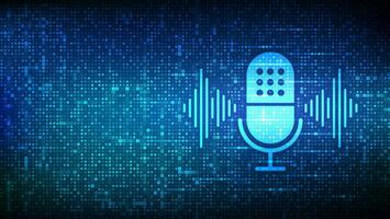 Voice assistant icon made with binary code. Personal assistant, voice recognition. Microphone button with voice and sound imitation lines. Digital binary data streaming digital code background. Vector