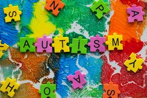 the word autism on colorful tie dye fabric photo