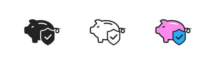 Savings protect icon on white background.Piggy bank behind shield. Insurance of finances. Investment, crisis, inflation symbol. Flat design. vector