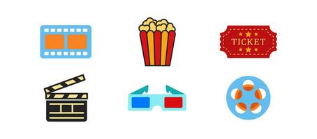 Watching movie icon set on white background. Weekend, leisure concept. Red-yellowed backet of popcorn, blue 3D glasses signs. Media entertainment symbol. Colored flat design. vector