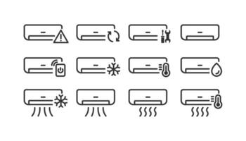 Air conditioner icon set on light background. Icons for business, ui. Climate control symbol. Air cooler, humidity, repair, error, flow. Outline, flat and colored style. Flat design. vector