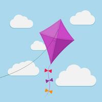 Flying kite in the sky between clouds. Purple paper kite with white clouds in blue sky. Wind concept. Funny, happy, childhood symbol. Modern style. vector