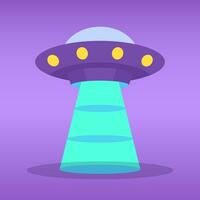 Flying UFO at night, illustration. World UFO day. Futuristic space ship of invader. Aliens. Vector illustration.