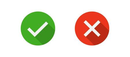 Check mark and cross mark icon in circle with shadow. OK sign. Yes or no symbol. Accept, reject concept. Green correct and red wrong sign. Flat design. vector