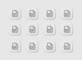 File type icon set in neumorphism style. Icons for business, white UI, UX. Sheet document symbol. File for dowload, app, doc, exe, zip raw. Neumorphic style. vector