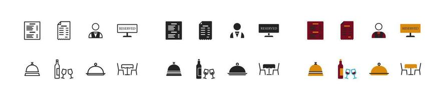 restaurante y café icono colocar. plano diseño. concepto de servicio. campana, mesa, plato, reserva, factura, menú señales. cena símbolo. vector